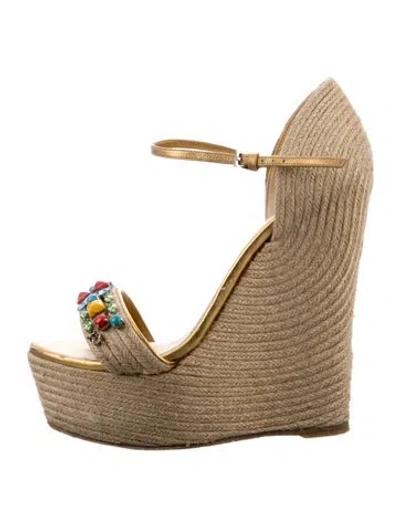 Pre-owned Gucci Jute Printed Espadrilles In Gold