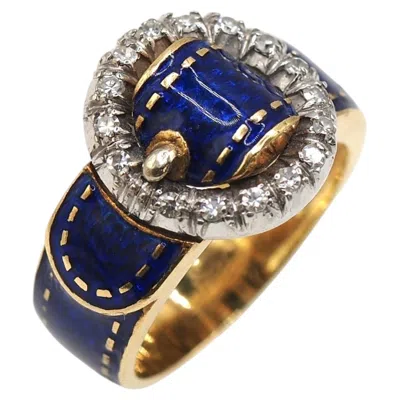 Pre-owned Gucci K18 Gold Diamond Blue Enamel Buckle Fashion Ring