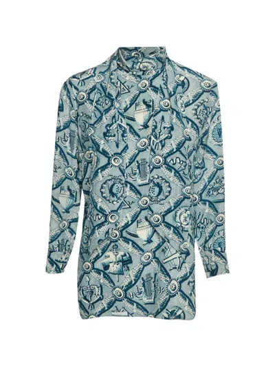 Pre-owned Gucci Kaleidoscope-print Neck-tie Blouse In Blue