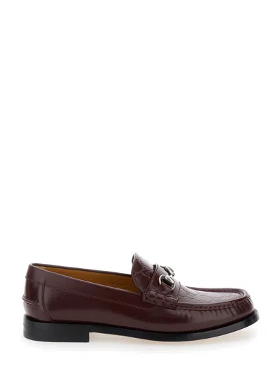 Gucci 'kaveh' Bordeaux Loafers With Horsebit Detail And Gg Motif In Smooth Leather Man In Multicolor