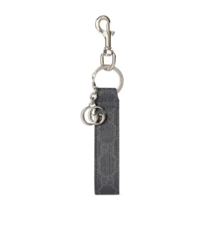 Gucci Logo Plaque Monogrammed Keychain In Gray