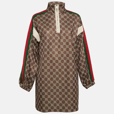 Pre-owned Gucci Khaki Green Gg Supreme Logo Print Mini High Neck Dress M