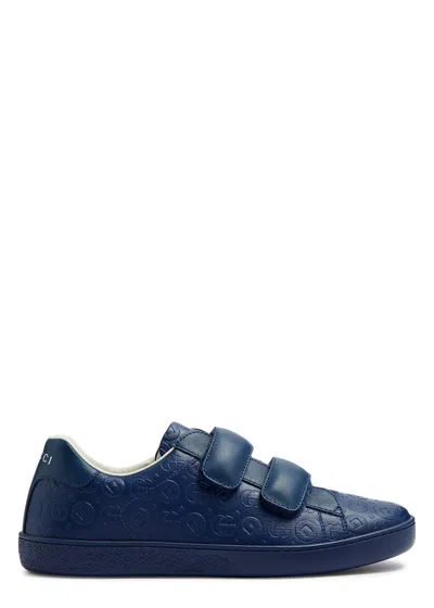Gucci Boys Navy Kids New Ace Embossed Leather Trainers 1-4 Years