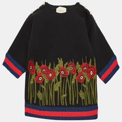 Pre-owned Gucci Kids Black Floral Embroidered Cotton Sweatshirt 6yrs
