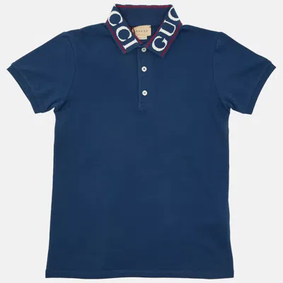 Pre-owned Gucci Kids Blue Cotton Logo Detail Polo T-shirt Size 10 Yrs