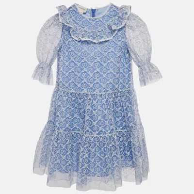 Pre-owned Gucci Kids Blue Gg Garland Embroidery Tulle Dress 4 Yrs