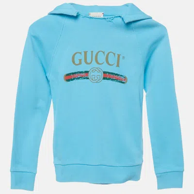 Pre-owned Gucci Kids Blue Logo Print Cotton Distressed Hoodie 6 Yrs