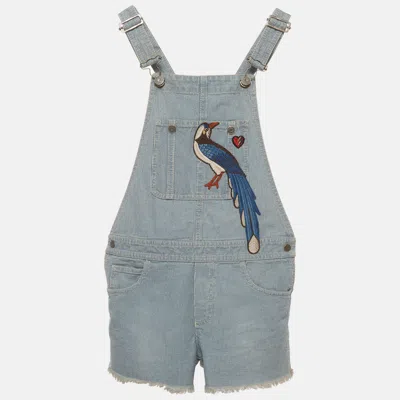 Pre-owned Gucci Kids Blue Striped Bird Embroidery Denim Overalls 12 Yrs