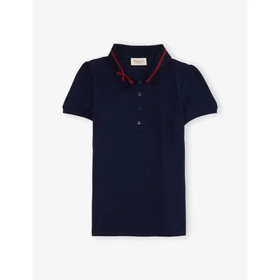 Gucci Kids' Bow-pattern Stretch-cotton Polo Shirt 4-12 Years Oltremare/mix In Blue