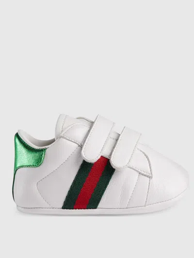Gucci Kids Boys Leather Sneakers With Web Detail & Double Adjustable Velcro Strap, Made In Italy In Bianco
