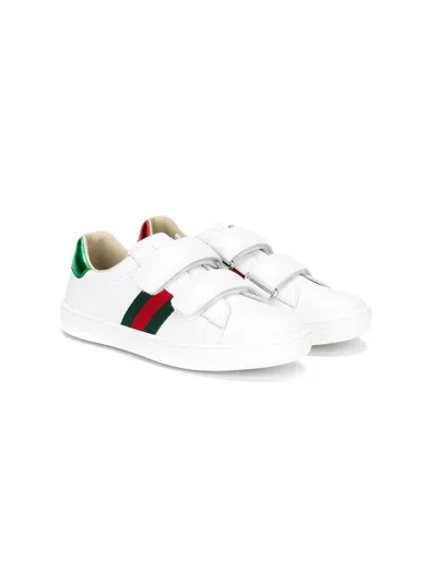 Gucci Kids Boys Leather Web Sneakers With Velcro Strap In Multi