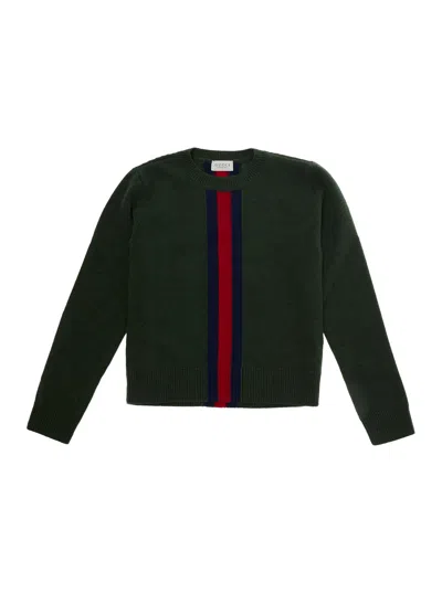 Gucci Kids Boys Wool Crewneck Sweater With Web Embroidery In Green