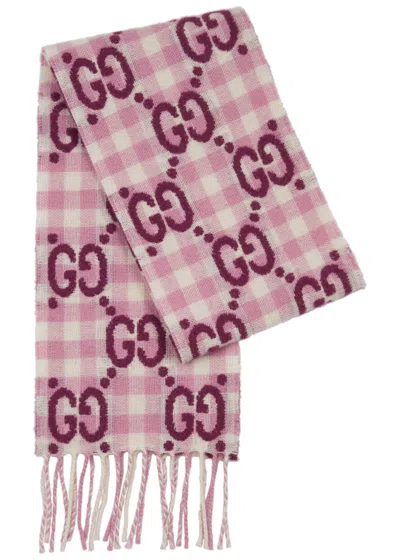 Gucci Kids Checked Gg-jacquard Wool-blend Scarf In Multi