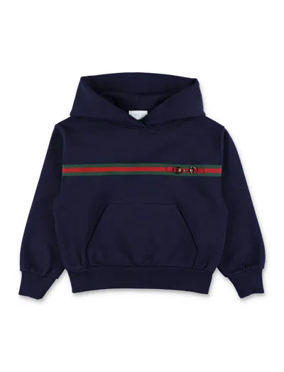 Gucci Kids Classic Cotton Hoodie With Iconic Web Band In Blue