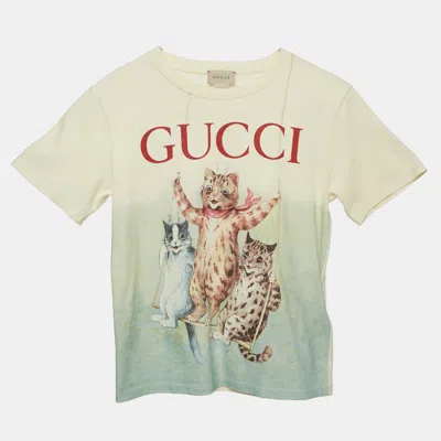 Pre-owned Gucci Kids Cream Cats Print Jersey T-shirt 8 Yrs In White