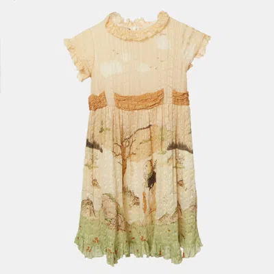 Pre-owned Gucci Kids Cream Printed Silk Ruffled Dress 6yrs In White