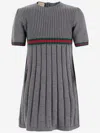 Gucci Grey Wool Dress With Web Ribbon In Grey