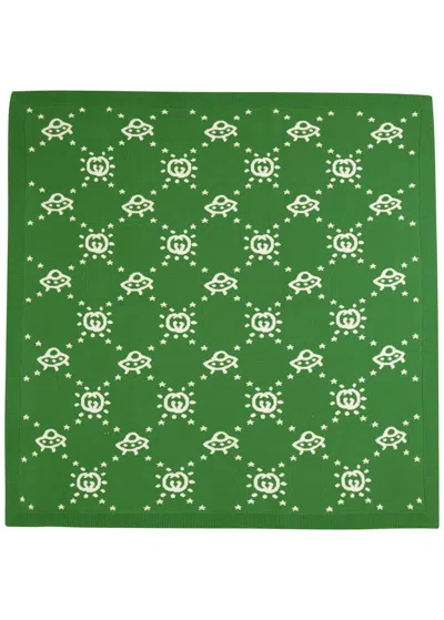 Gucci Kids Gg And Ufo-intarsia Wool Blanket In Green