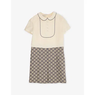Gucci Kids' Gg Logo Cotton And Canvas Dress Oatmilk/blu In Multi