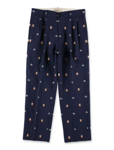 Gucci Kids' Gg Logo Intarsia Trousers In Blue