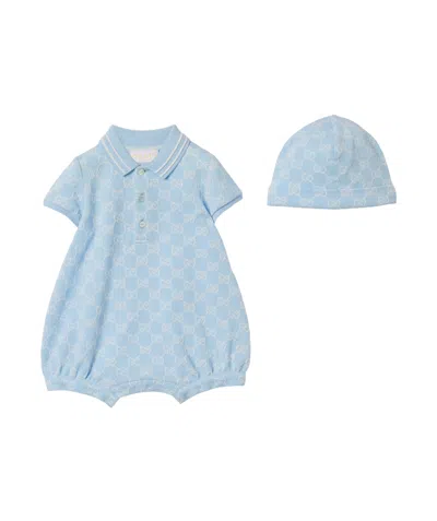 Gucci Kids Gg Piqué Baby Onesie Set In Blue