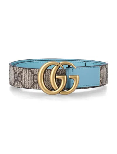 Gucci Kids Gg Supreme Canvas Belt With Antique Gold-tone Double G Buckle, Height 2.5 Cm In Beige Ebony/dusty Azur