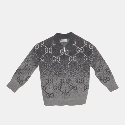 Pre-owned Gucci Kids Grey Allover Gg Degrade Wool Jacquard Zip-up Cardigan 4yrs