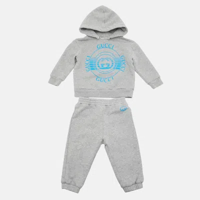 Pre-owned Gucci Kids Grey Logo Print Cotton Hoodie & Jogger Set Size 9/12m