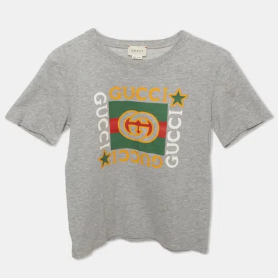 Pre-owned Gucci Kids Grey Logo Print Jersey Crewneck T-shirt 8 Yrs In Gray