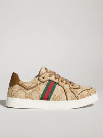 Gucci Kids Kids Gg Canvas Lace-up Sneakers With Web Detail And Interlocking G Patch In Beige