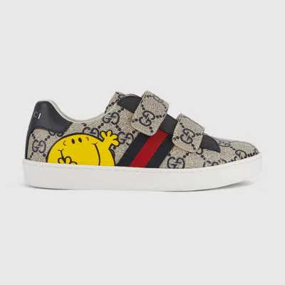 Gucci Kids Kids' Gg Supreme Mini Sneakers With Character Prints And Hook Strap In Gray