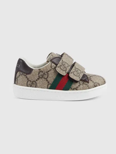 Gucci Kids Kids Gg Supreme Sneakers With Web Trim, Leather Trim, Hook-and-loop Strap And Rubber Sole In Beige