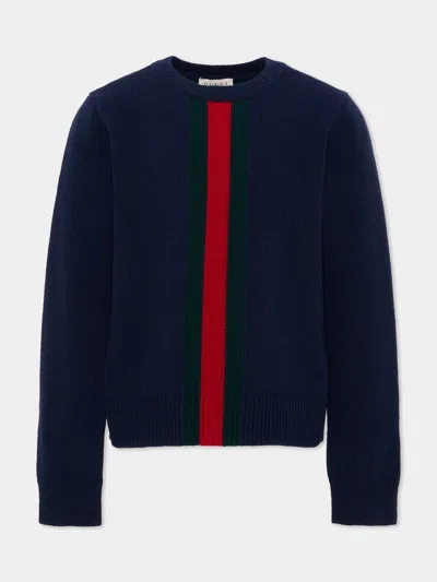 Gucci Kids Kids Wool Crewneck Sweater With Web Intarsia And Long Sleeves In Blu
