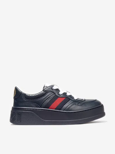 Gucci Kids Leather Web Trainers In Blue