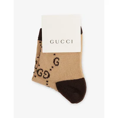 Gucci Kids' Loggina Brand-print Cotton-blend Socks Beige/dark Brown