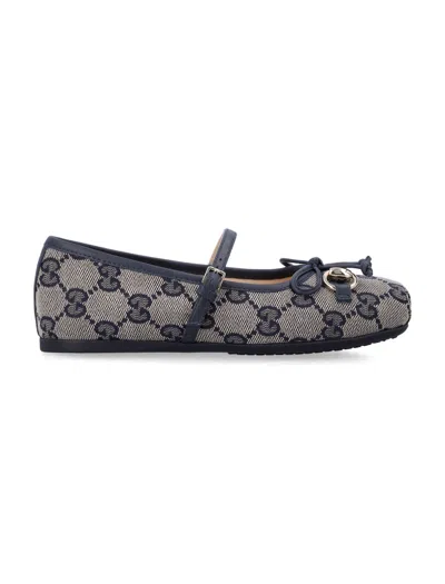 Gucci Kids' Mini Ballet Flats With Signature Accents In Beige Blue