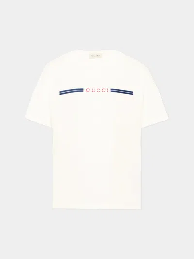 Gucci Kids Mini Boy Cotton Crewneck T-shirt With Front Logo Print In Bianco