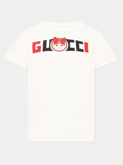 Gucci Kids Mini Boys Cotton Crewneck T-shirt With Cat Logo Print In White
