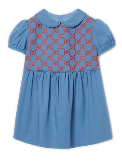 Gucci Kids Mini Embroidered Dress With Tiered Skirt In Blue