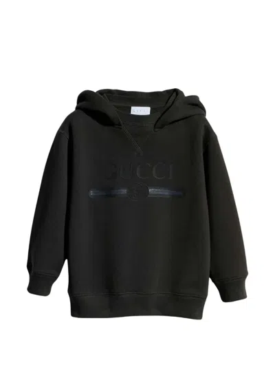 Gucci Kids Mini Fleece Cotton T-shirt With Gg Interlocking Print & Fixed Hood In Black
