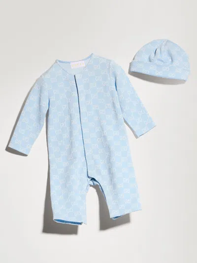 Gucci Kids Mini Gg Cotton Piqué Crewneck With Long Sleeves And Matching Hat In Azzurro