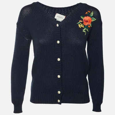 Pre-owned Gucci Kids Navy Blue Knit Embroidered Cardigan Size 8 Yrs