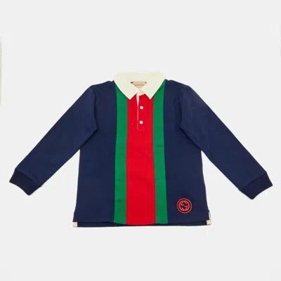 Pre-owned Gucci Kids Navy Blue Web Striped Cotton T-shirt Size 24 M/2 Yrs
