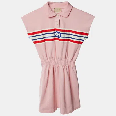 Pre-owned Gucci Kids Pink Logo Stripe Band Detail Stretch Knit Polo Dress 5yrs