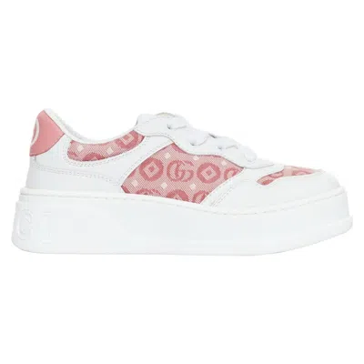 Pre-owned Gucci Kids Pink White Leather Fabric Gg Monogram Interlocking Sneakers Eu29