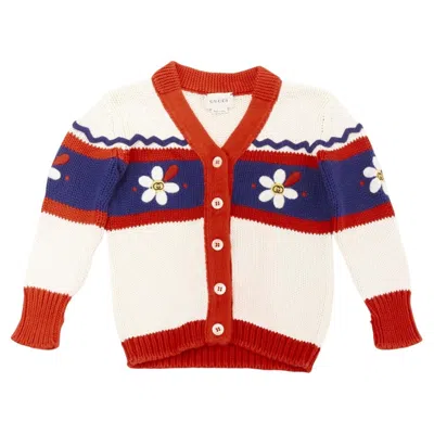 Pre-owned Gucci Kids Red Blue Cotton Daisy Gg Embroidery Knit Cardigan Sweater 12/18m