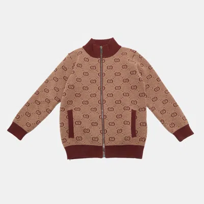 Pre-owned Gucci Kids Red/beige Gg Jacquard Knit Jacket 4yrs In Sand