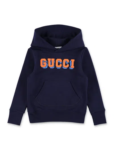 Gucci Kids Sweatshirt With Fixed Hood And Logo Lettering On The Front In Blue