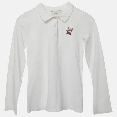 Pre-owned Gucci Kids White Pique Knit Cat Embroidered Polo Shirt 8 Yrs