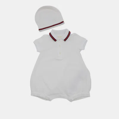 Pre-owned Gucci Kids White Web Striped Pique Knit Romper 3-6 M